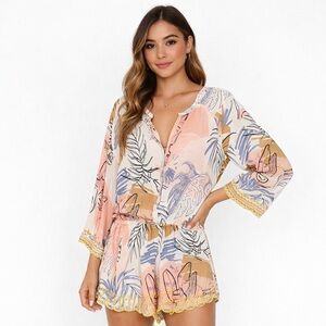 TAJ by Sabrina Crippa Tiger Print Romper Viscose NWT Boho Blush Navy Mustard